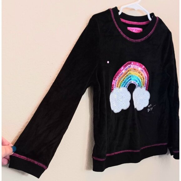 3/10 Betsey Johnson Girl's Velour Sequined Rainbow Top Size 6 Black Embellished - Picture 6 of 10
